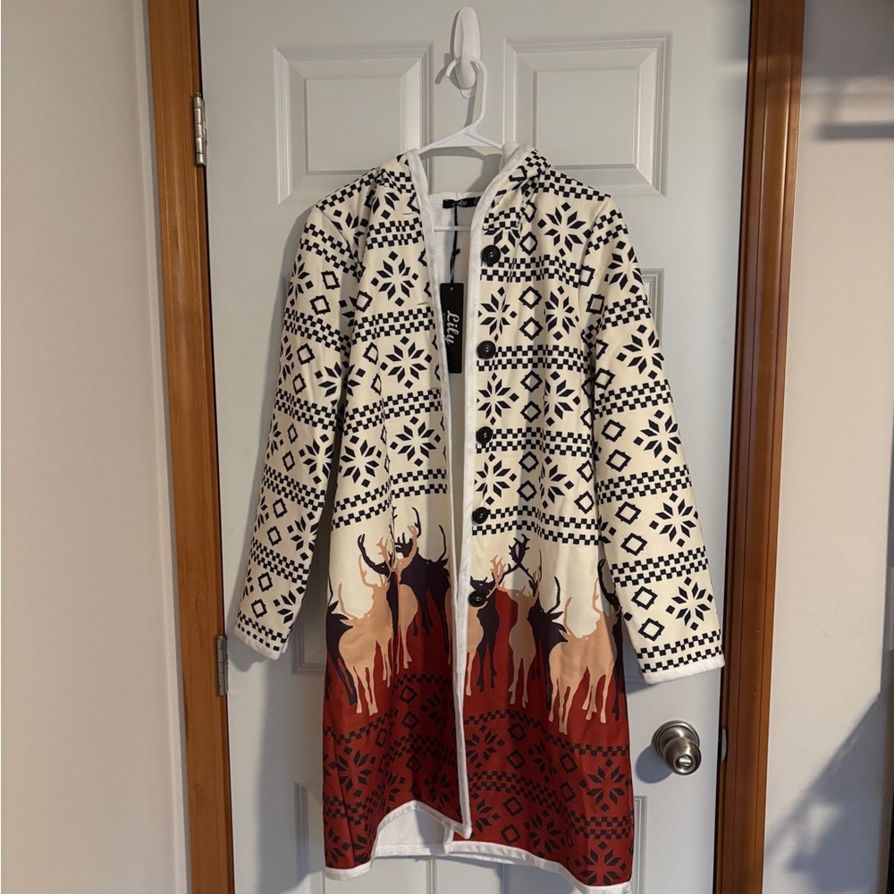 Plush lined long cardigan jacket, Nordic winter pattern